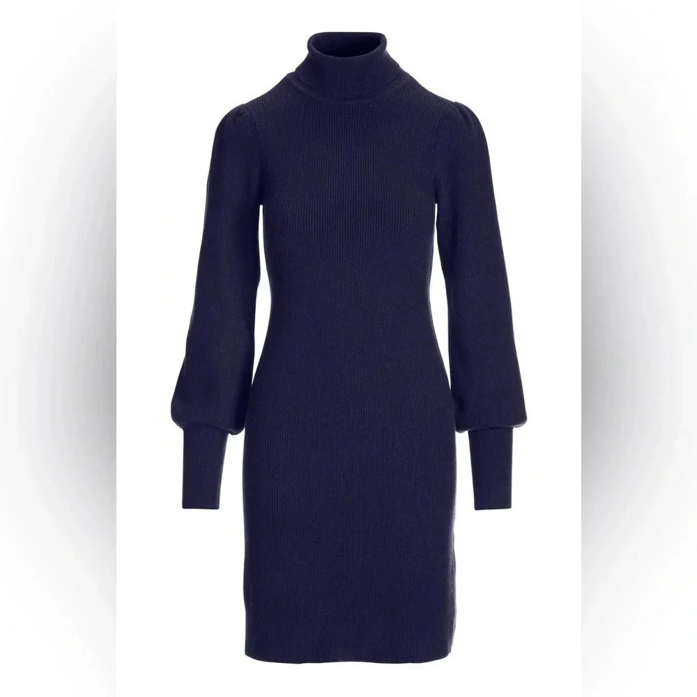 Boston Proper Navy Blue Balloon Sleeve Turtleneck Sweater Mini Dress